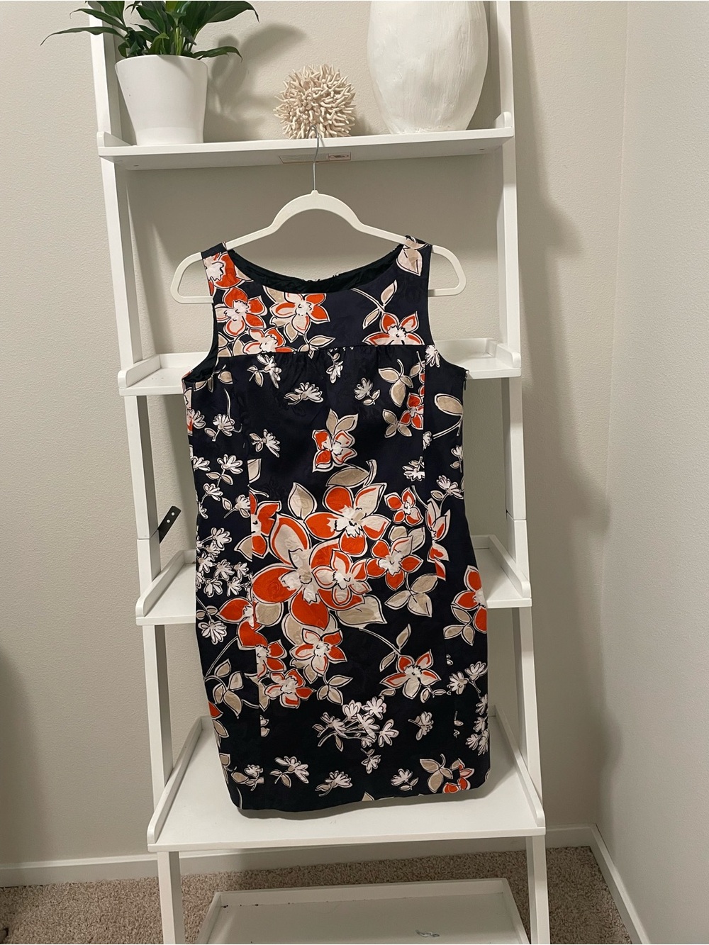 Ann Taylor Navy Sleeveless Floral Midi Dress with Orange Accents